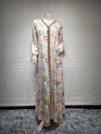 Hot Diamond Ostrich Feather Patchwork Printed Dress