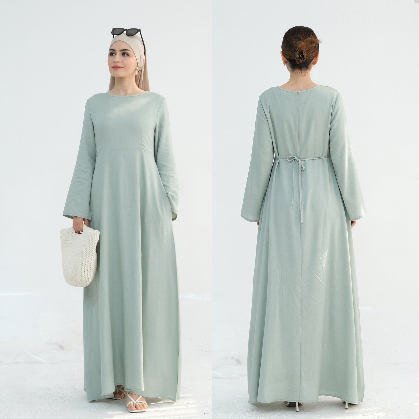 Women's Solid Cotton and Linen Waist-cinching Robe