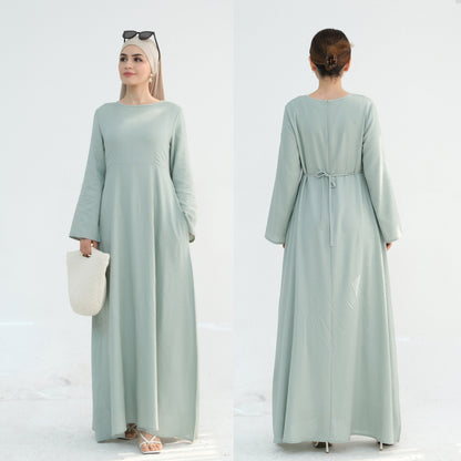 Women's Solid Cotton and Linen Waist-cinching Robe