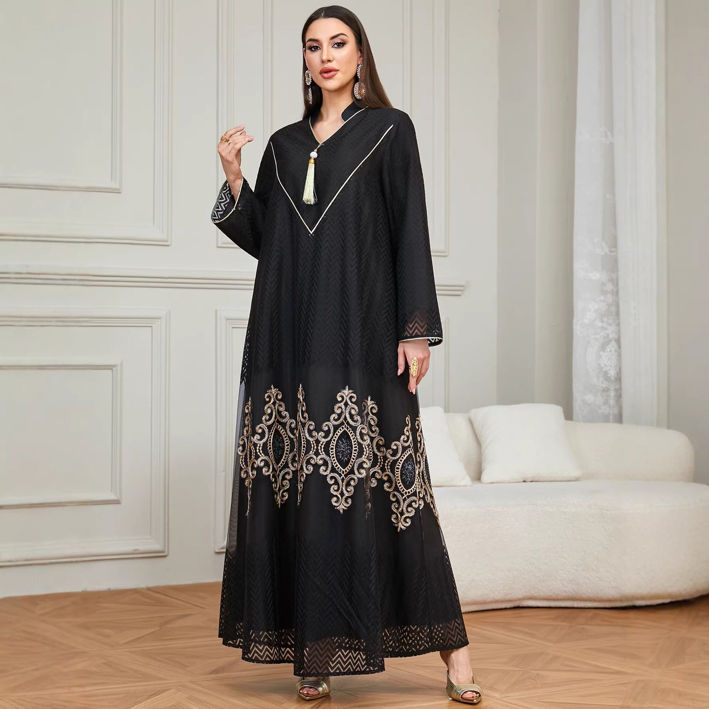 Embroidered Hem Maxi Abaya Dress for Evening