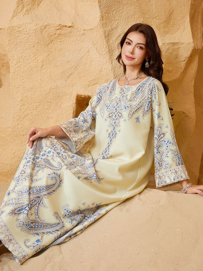 Beaded Print Muslim Kaftan Maxi Dress