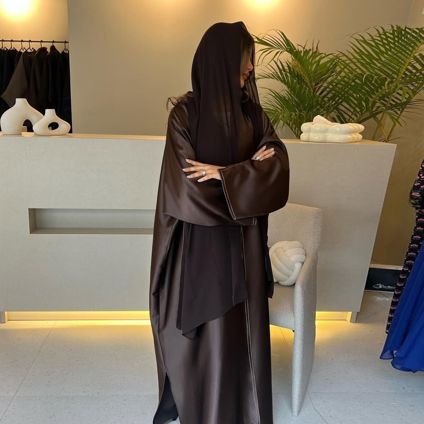 Loose Solid-colored Satin Open Abaya