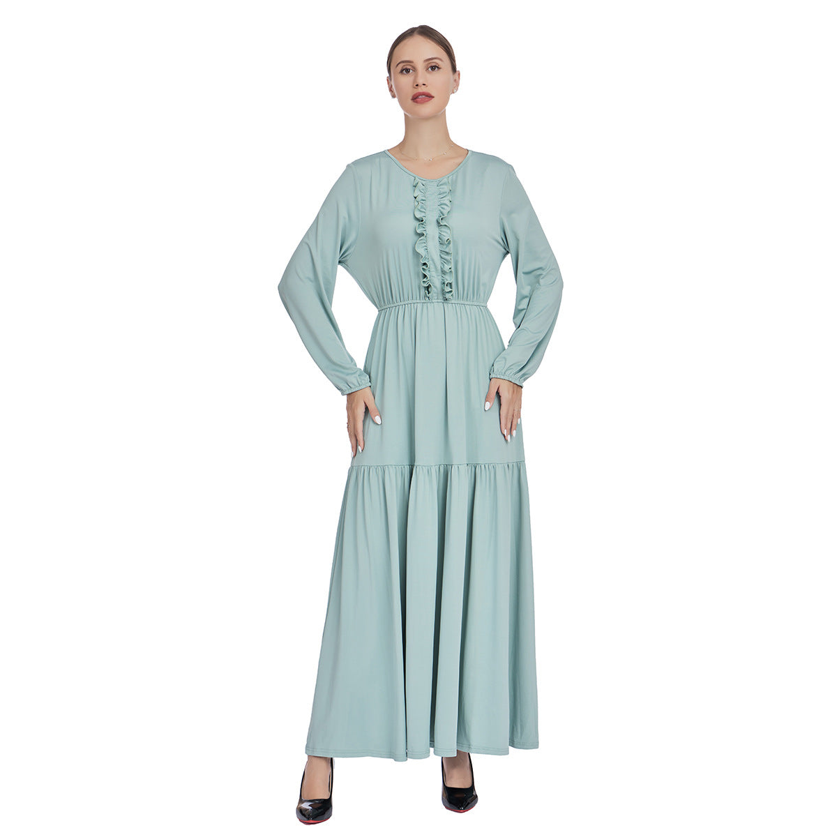 Ruffled Front Maxi Dress with Long Sleeves