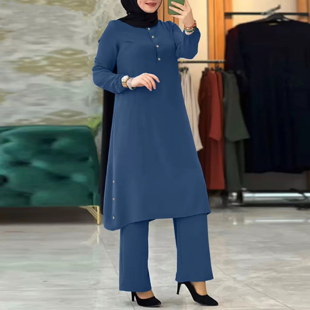 Women's Solid Color Long Sleeve Elastic Waist Set
