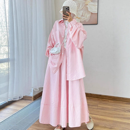 Striped Loose Fit Blouse and Maxi Skirt Modest Set