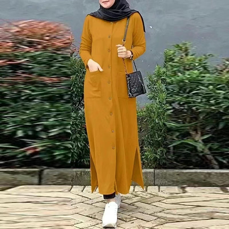 Women's Solid Color Shirt Dress Abaya with Pockets