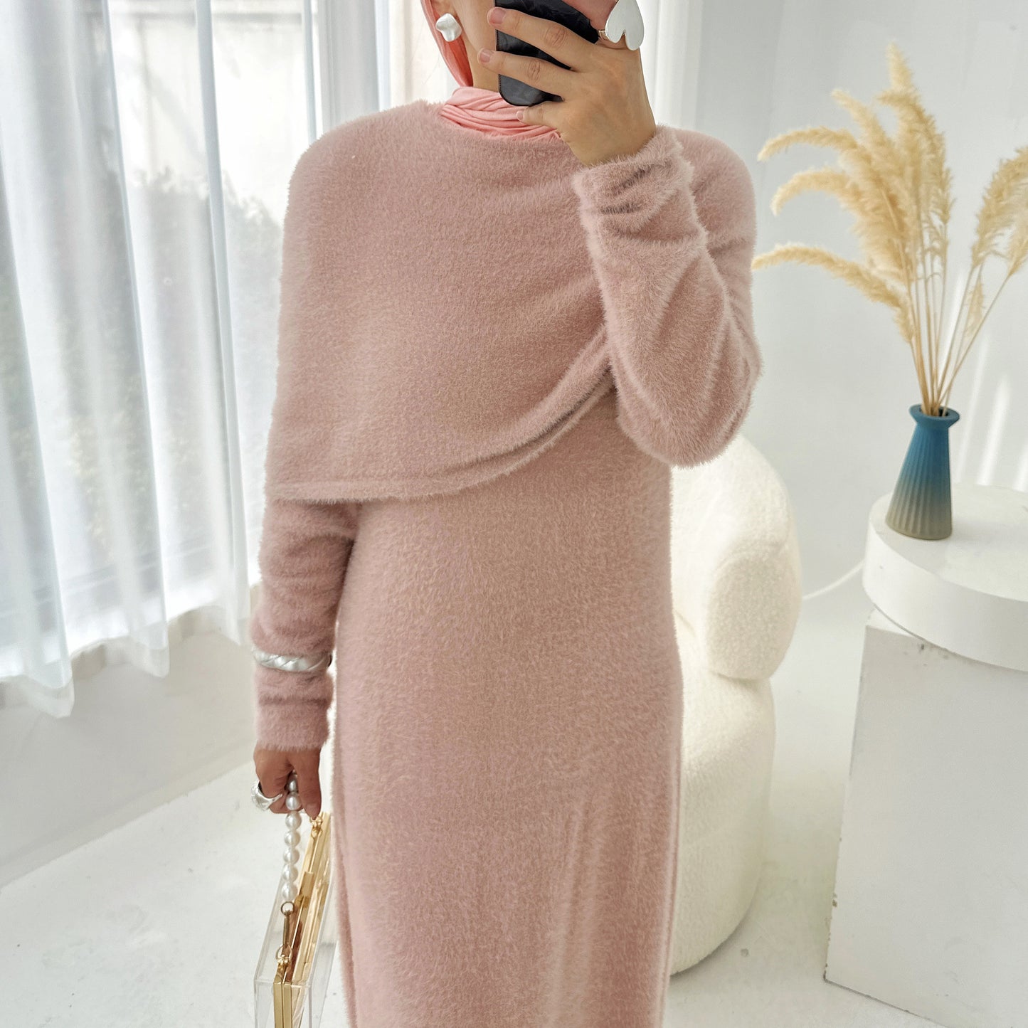 Cozy Knit Two Piece Sweater Dress with Shawl Elegant Winter Set