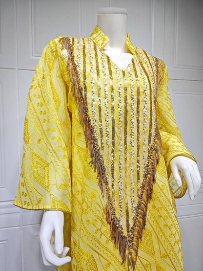 Women's Mesh Embroidered Sequin Jalabiya Dress