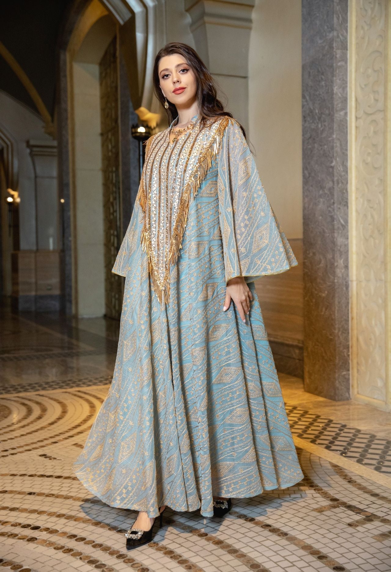 Women's Mesh Embroidered Sequin Jalabiya Dress