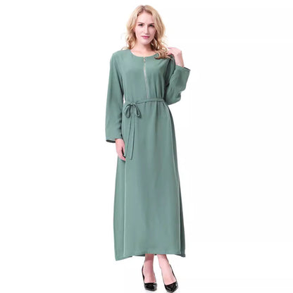 Women's Round Neck Solid Chiffon Zipper Dress