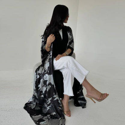 Elegant Black Golden Open Front Abaya Dress