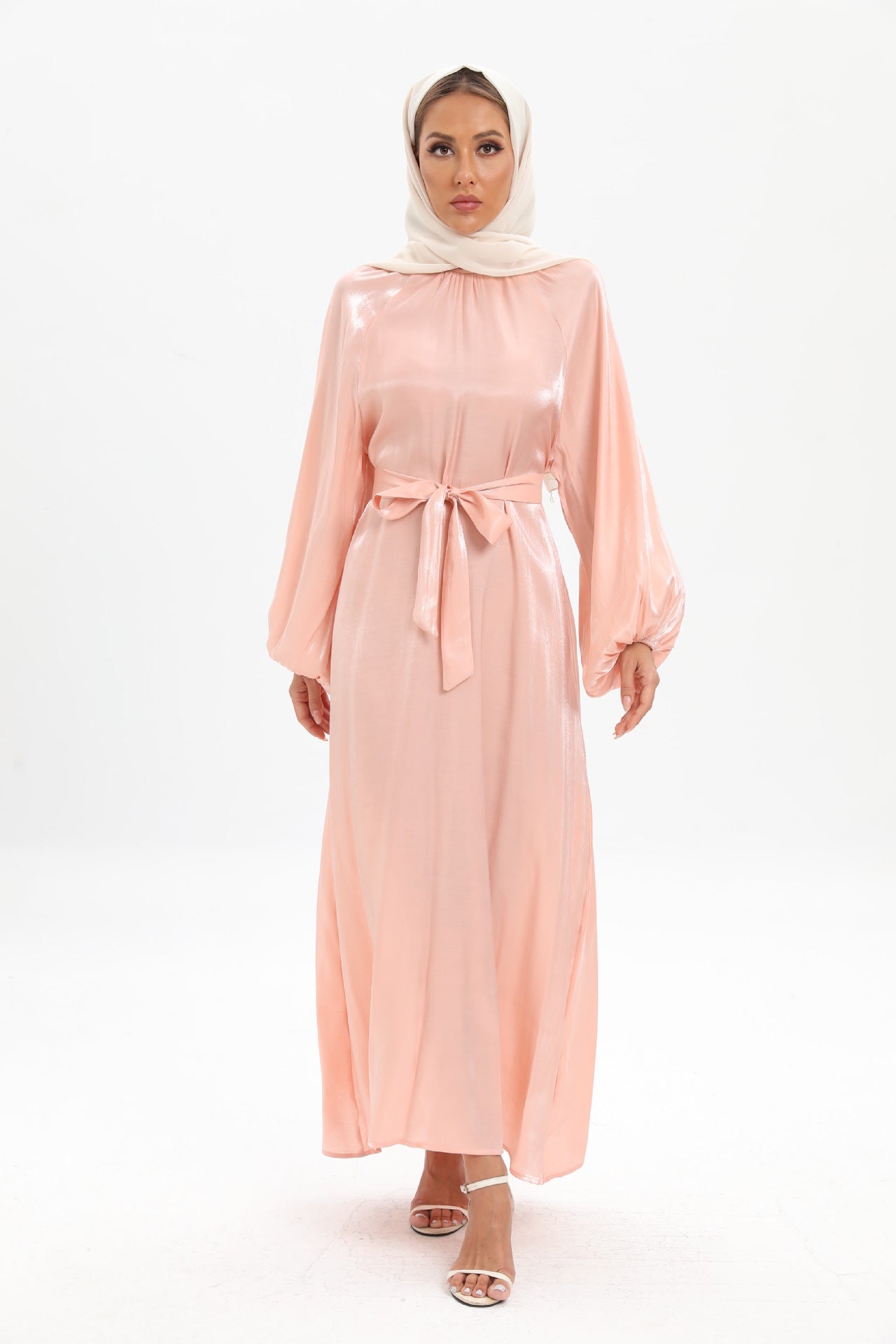 Satin Long Sleeve Maxi Dress with Bow Belt and Lantern Sleeves
