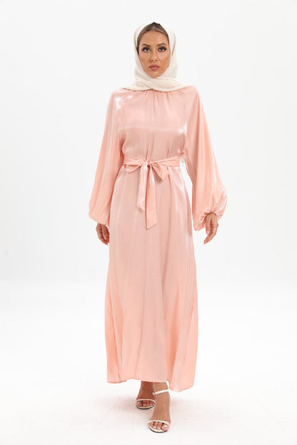 Satin Long Sleeve Maxi Dress with Bow Belt and Lantern Sleeves