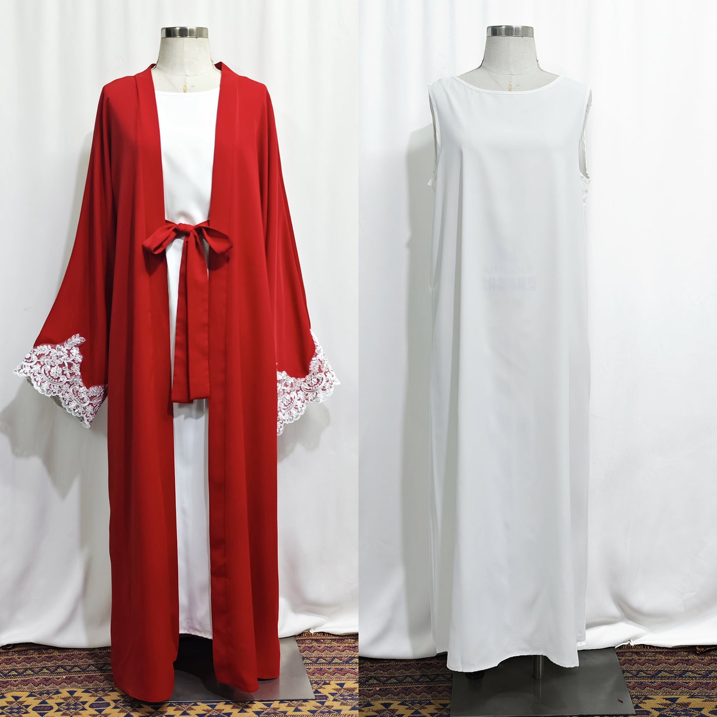 Lace Applique Abaya Cardigan and Slip Dress Two-Piece Set