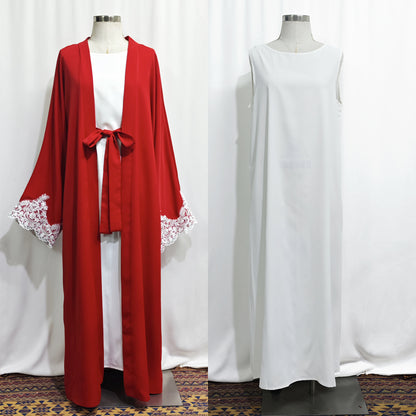 Lace Applique Abaya Cardigan and Slip Dress Two-Piece Set