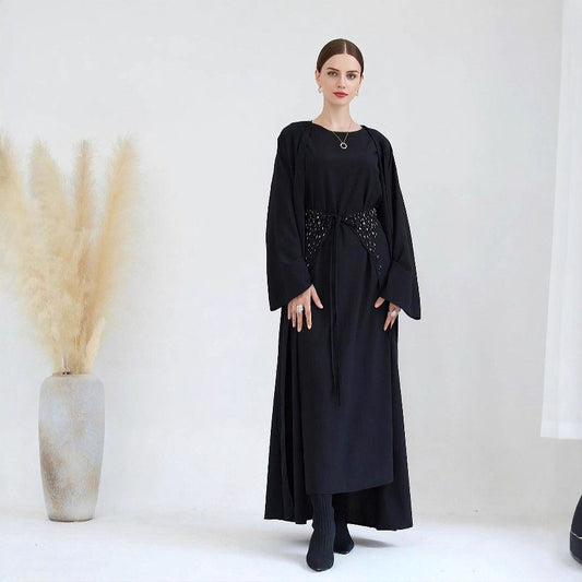Solid Color Dress Set with Inner Maxi and Outer Abaya