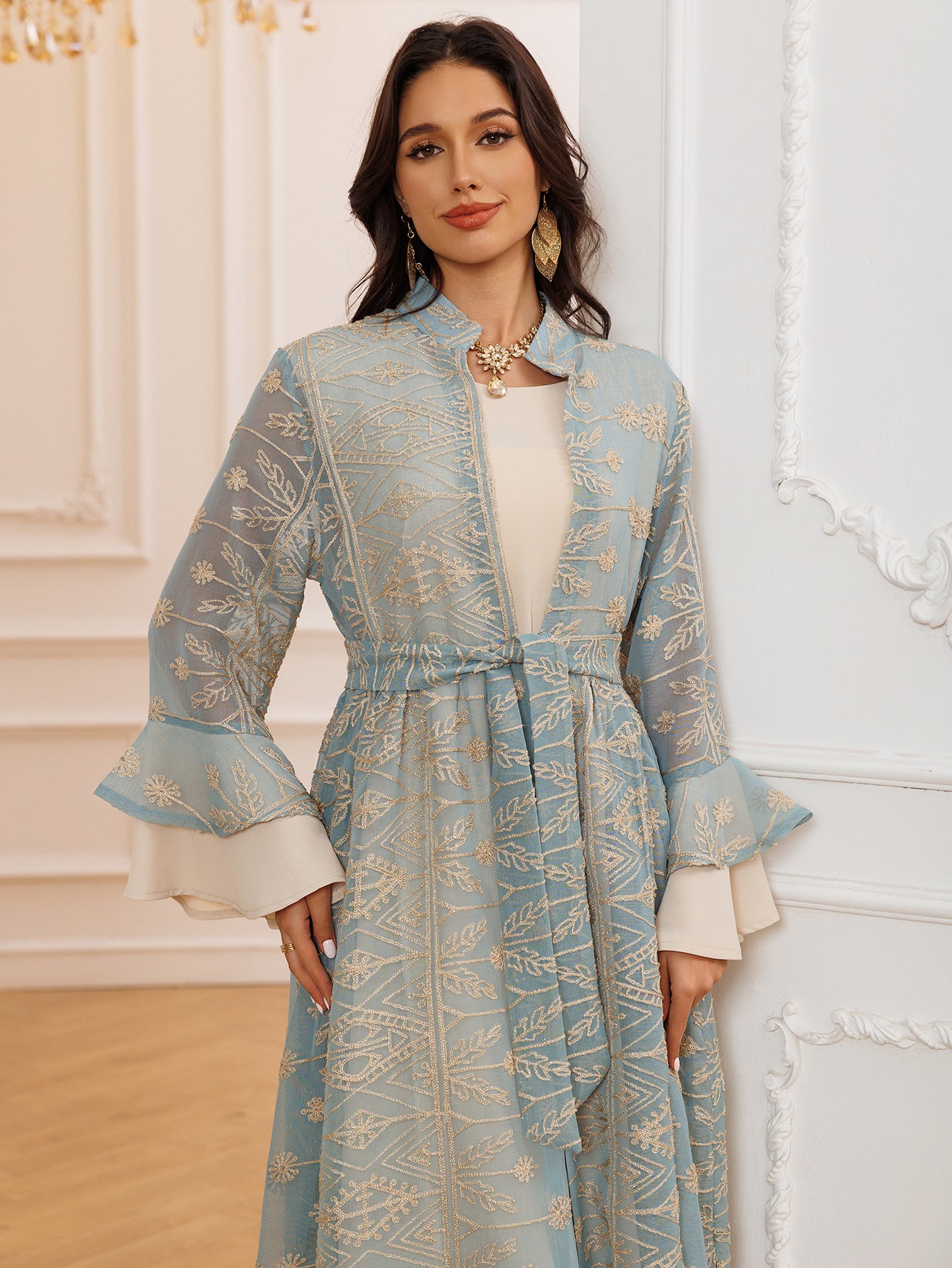 Elegant Long Skirt Embroidered Robe Two-piece Set