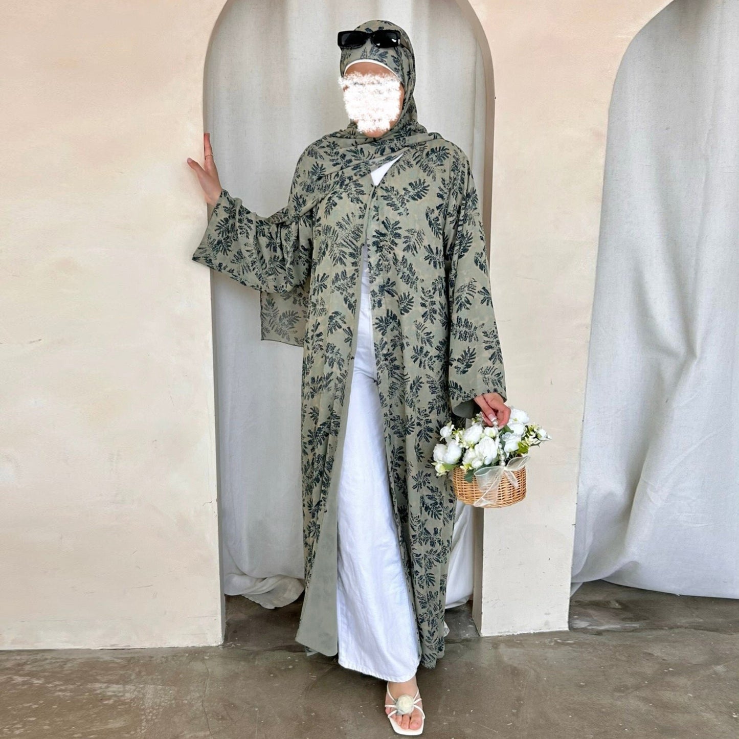 Printed Hijab Set with Double Layer Chiffon Open Cardigan