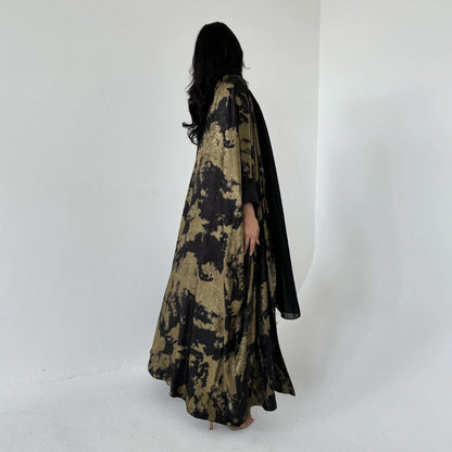 Elegant Black Golden Open Front Abaya Dress
