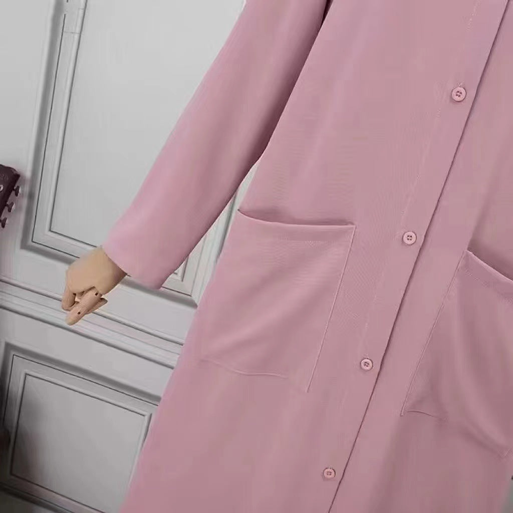 Women's Solid Color Shirt Dress Abaya with Pockets