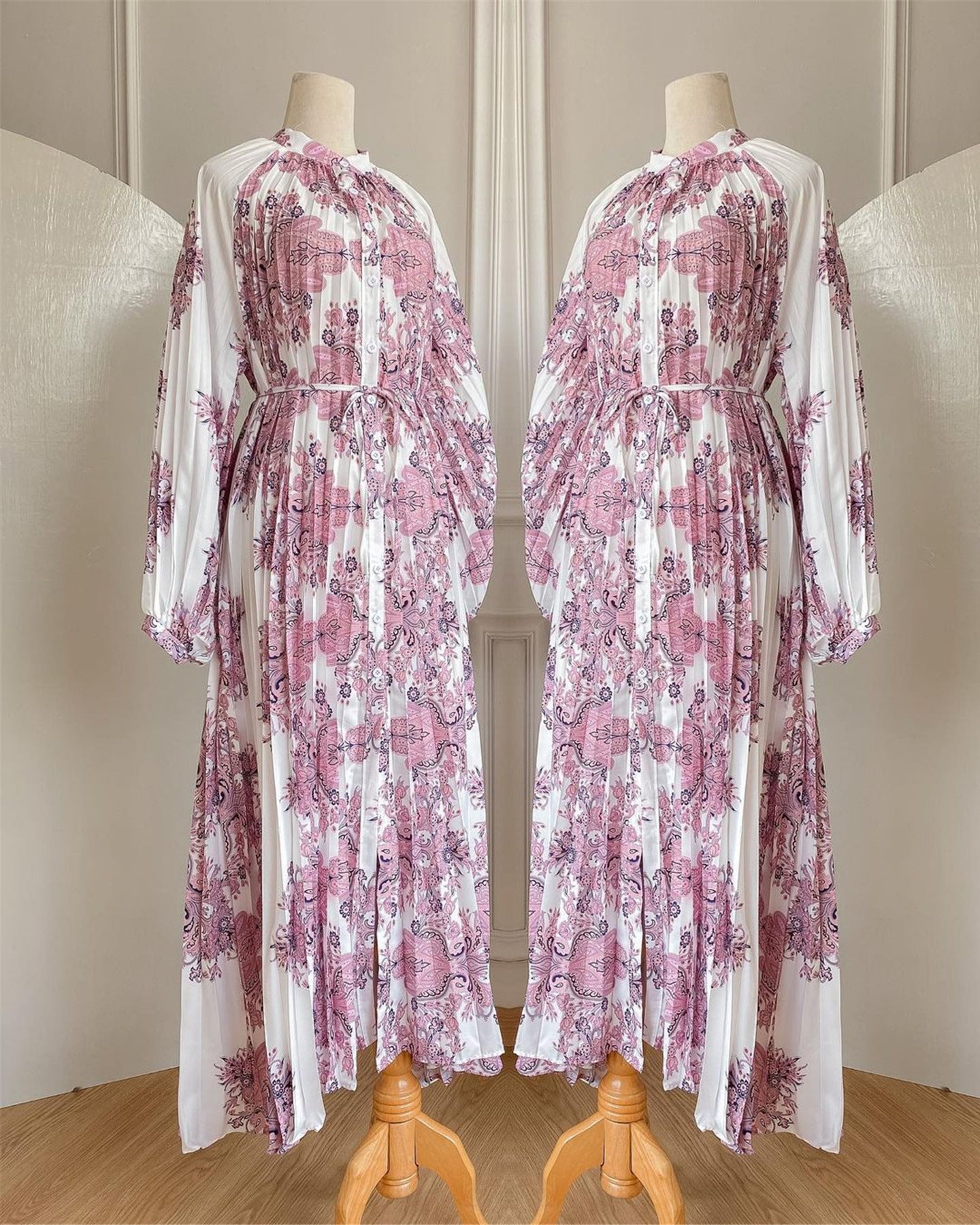 Printed Pleated Balloon Sleeve Casual Dress