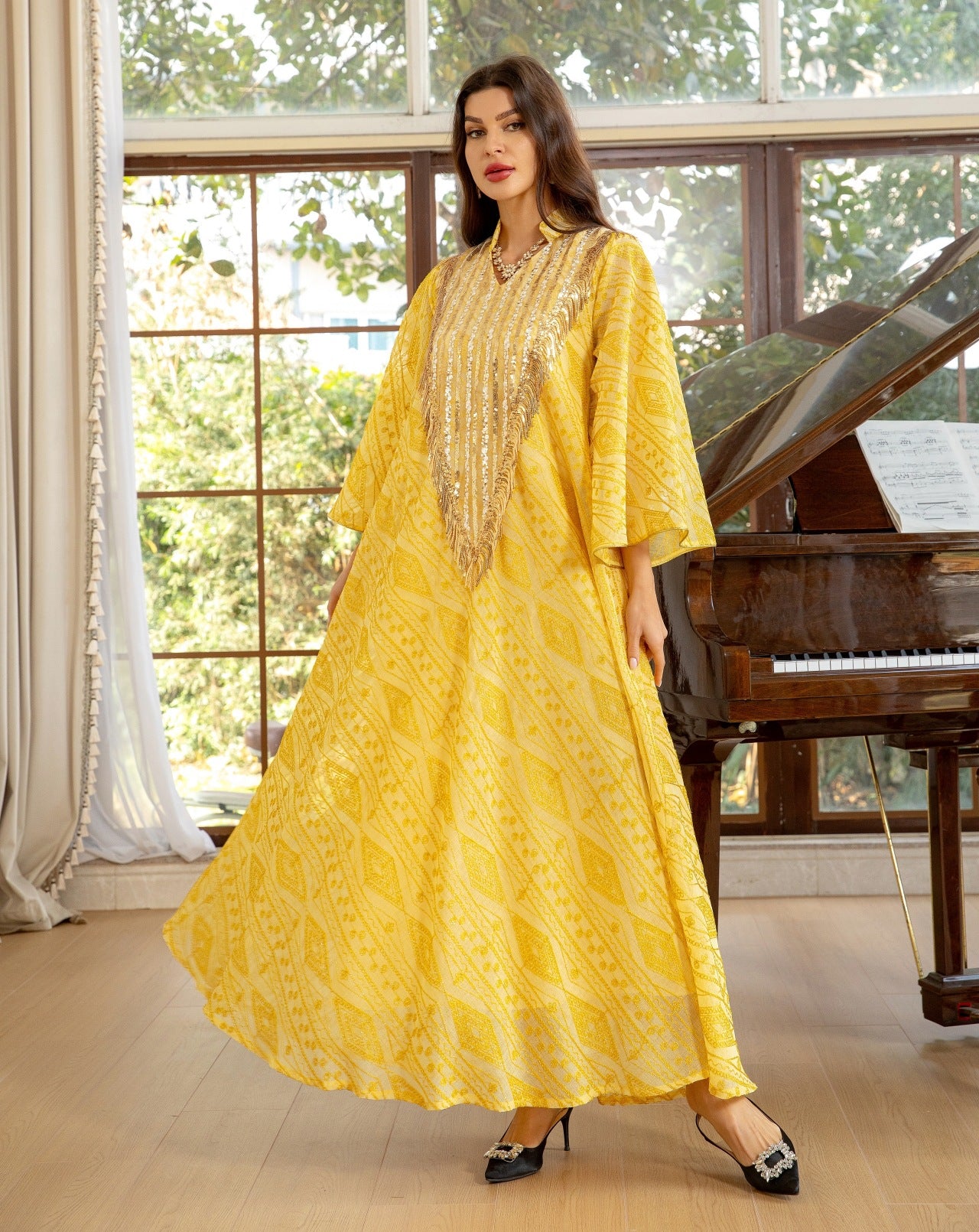 Women's Mesh Embroidered Sequin Jalabiya Dress