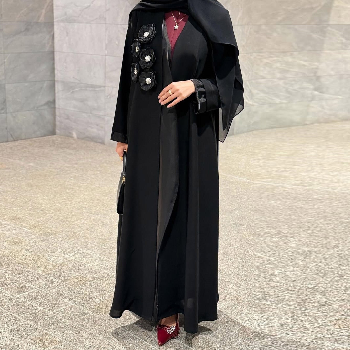Elegant Applique Abaya Open Front Long Robe for Women