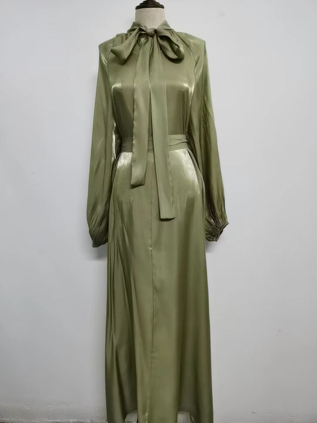 Satin Long Sleeve Maxi Dress with Bow Belt and Lantern Sleeves