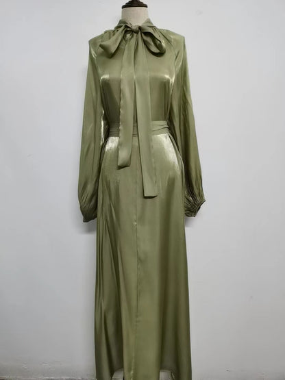 Satin Long Sleeve Maxi Dress with Bow Belt and Lantern Sleeves