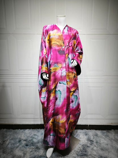 Modest Summer Fashion Satin Print Robe with Headscarf
