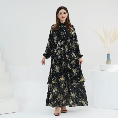 Floral Printed Islamic Modest Belted Tiered Maxi Dress