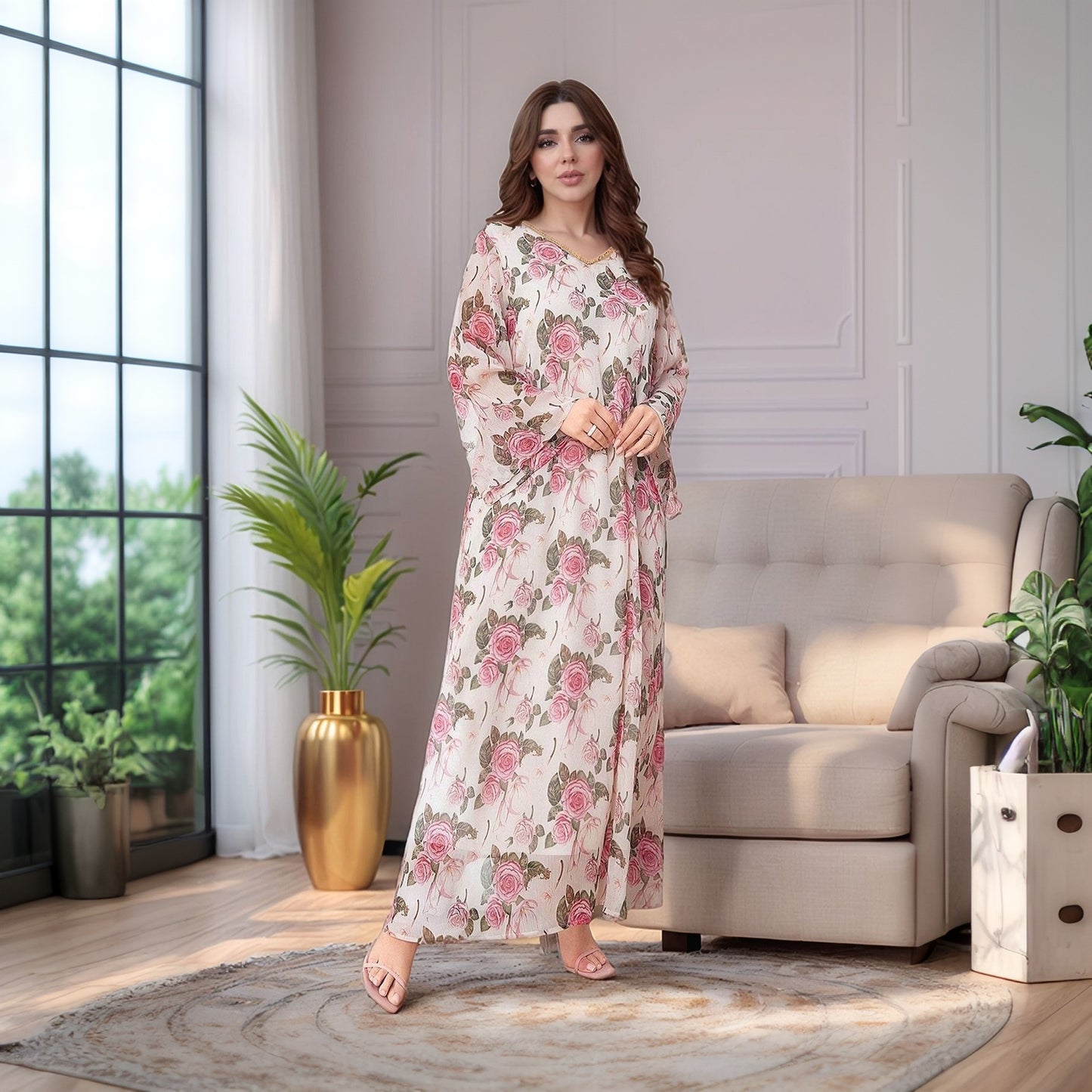 Women's Flared Sleeve V-neck Printed Dress