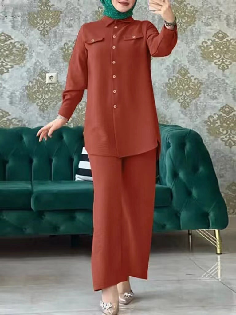 Plain Long-sleeved Shirt and Trousers Two-piece Sets