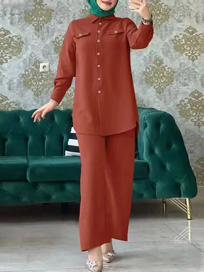 Plain Long-sleeved Shirt and Trousers Two-piece Sets