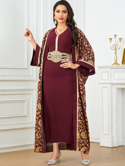 Women's Summer New Muslim Stamped Robe Two Piece Dresses