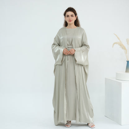Elegant Solid Color Two Piece Abaya Set with Inner Dress