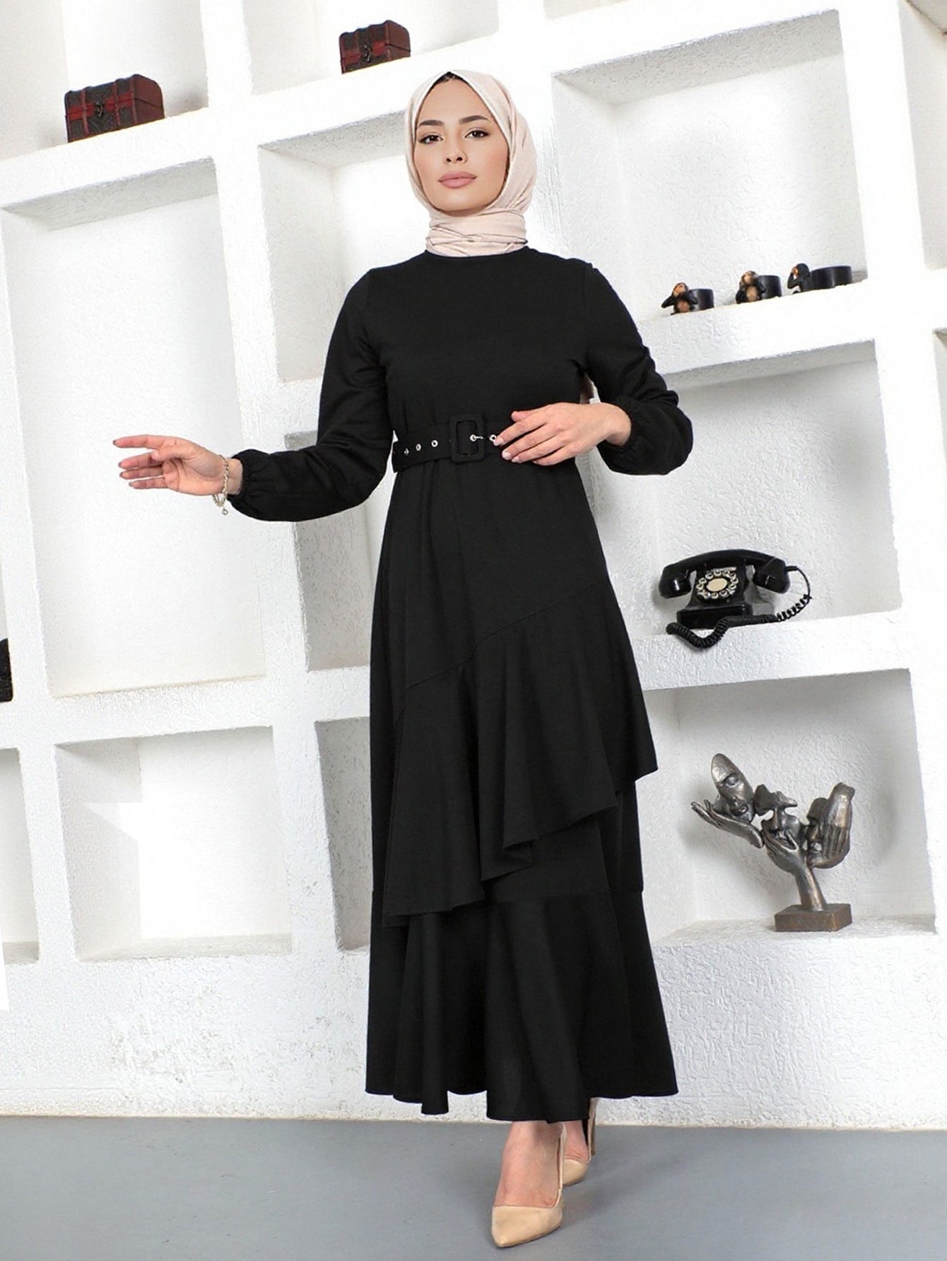 Elegant Ruffle Hem Knit Maxi Dress with Belt Modest Style