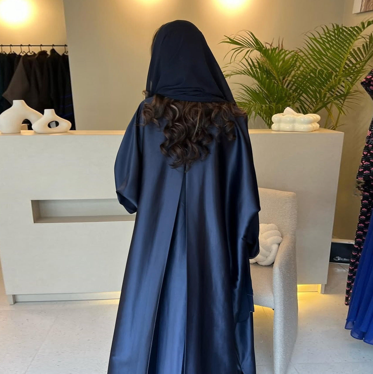 Loose Solid-colored Satin Open Abaya