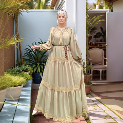 Lace Patchwork Maxi Dress with Tassel Belt and Ruffle Hem