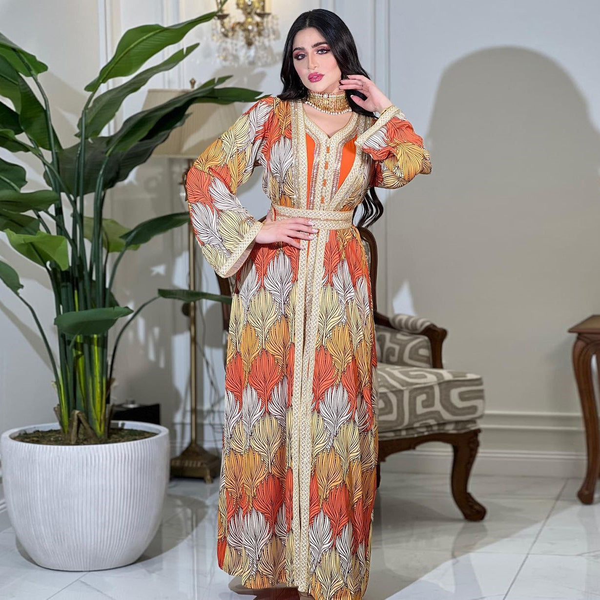 Muslim Diamond-studded Jalabiya Dress Two Piece Sets