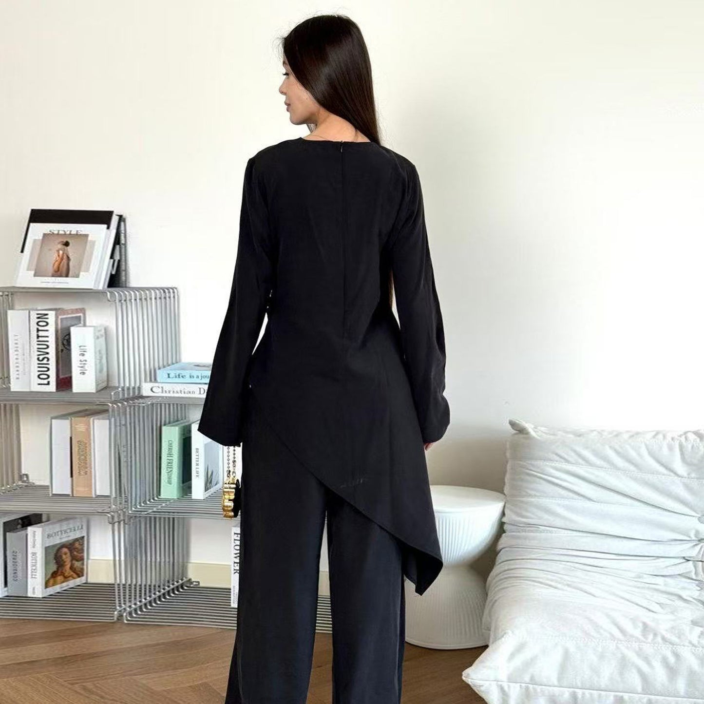 Elegant Two Piece Modest Outfit Long Top and Wide Leg Pants