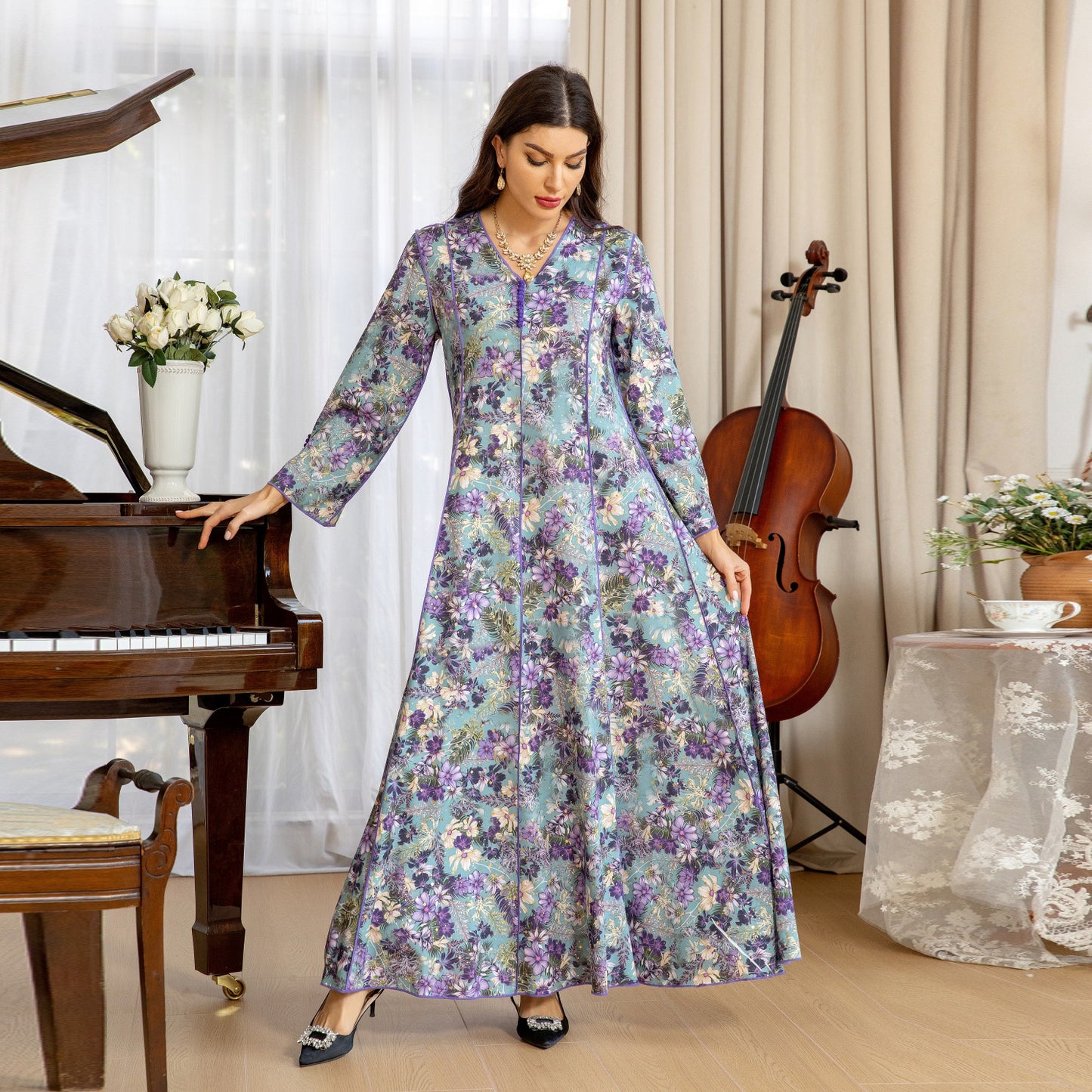 Women's Fashion Print Jalabiya Dress