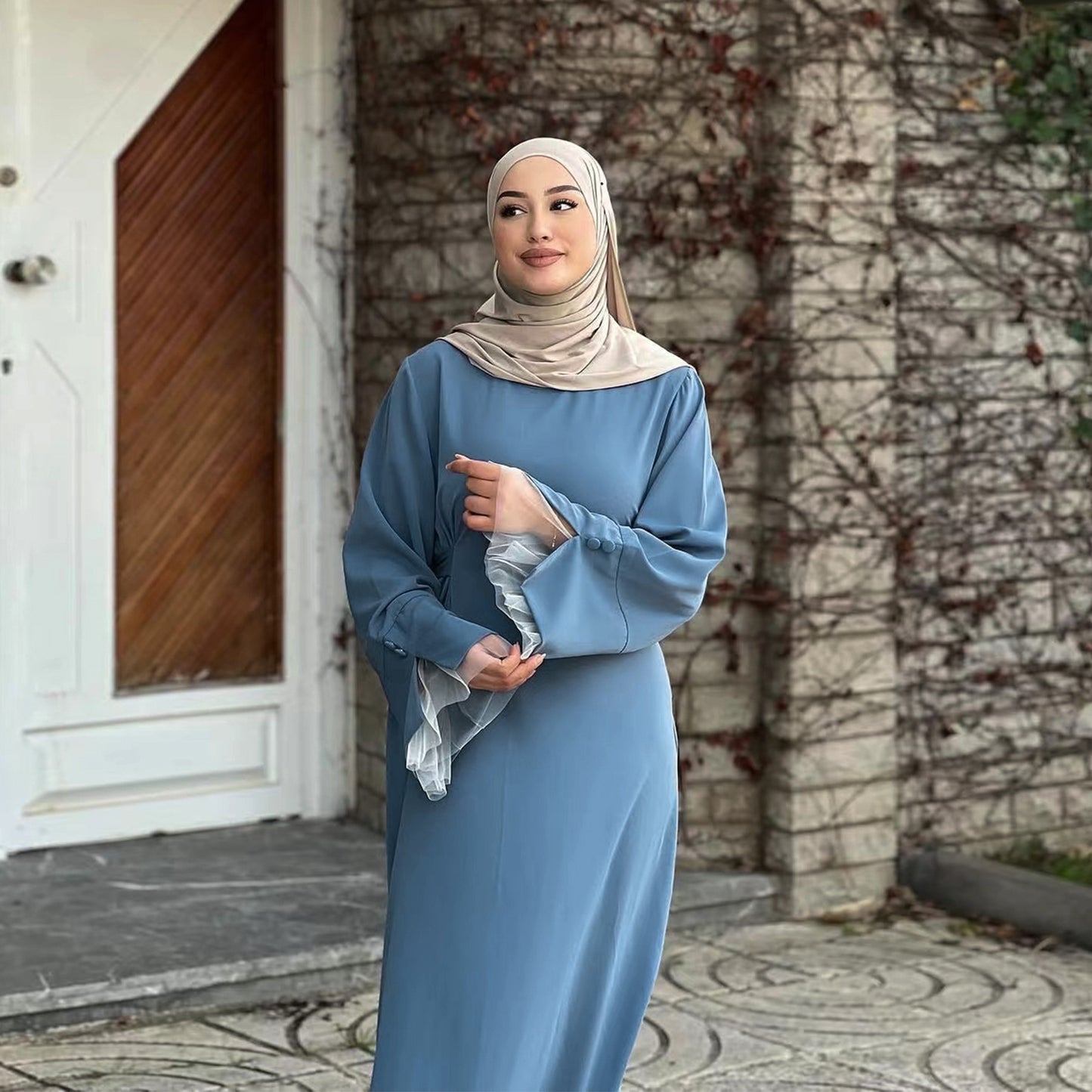 Lace Trim Maxi Dress with Waist Belt Modest Abaya Style