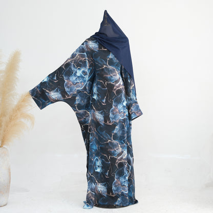 Satin Printed Maxi Dress with Waist Belt and Batwing Sleeves