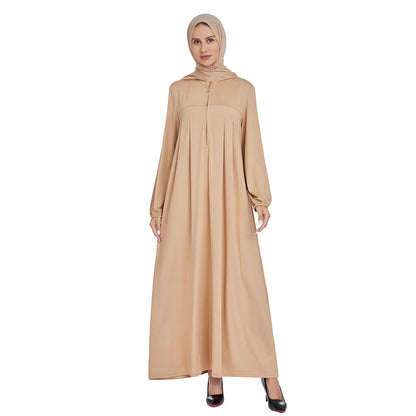 Stand Collar Maxi Dress with Pockets – Modest Long Sleeve Casual Abaya