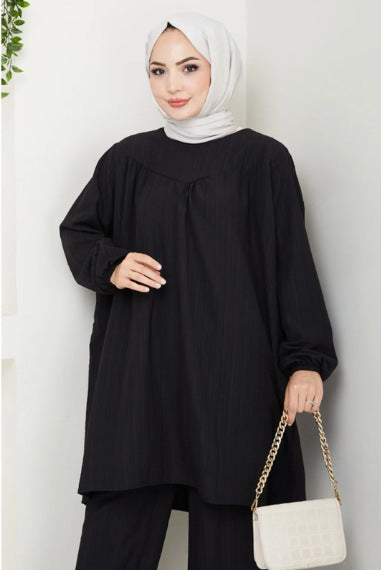 Loose Fit Two Piece Modest Set with Wide Leg Pants