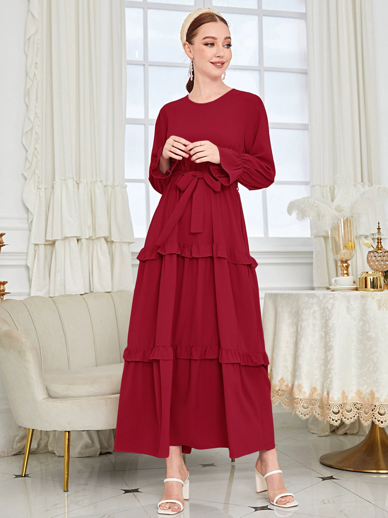 Solid Ruffled Dress with Belt