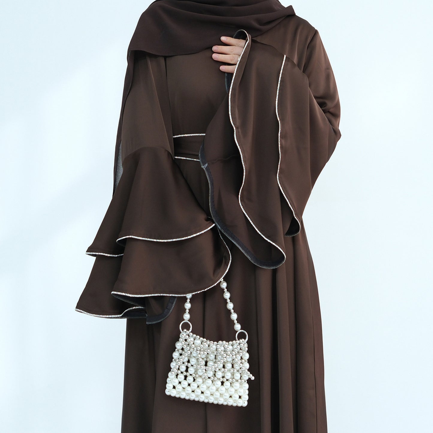 Beaded Nida Double-Layer Flare Sleeve Luxury Modest Maxi Dress