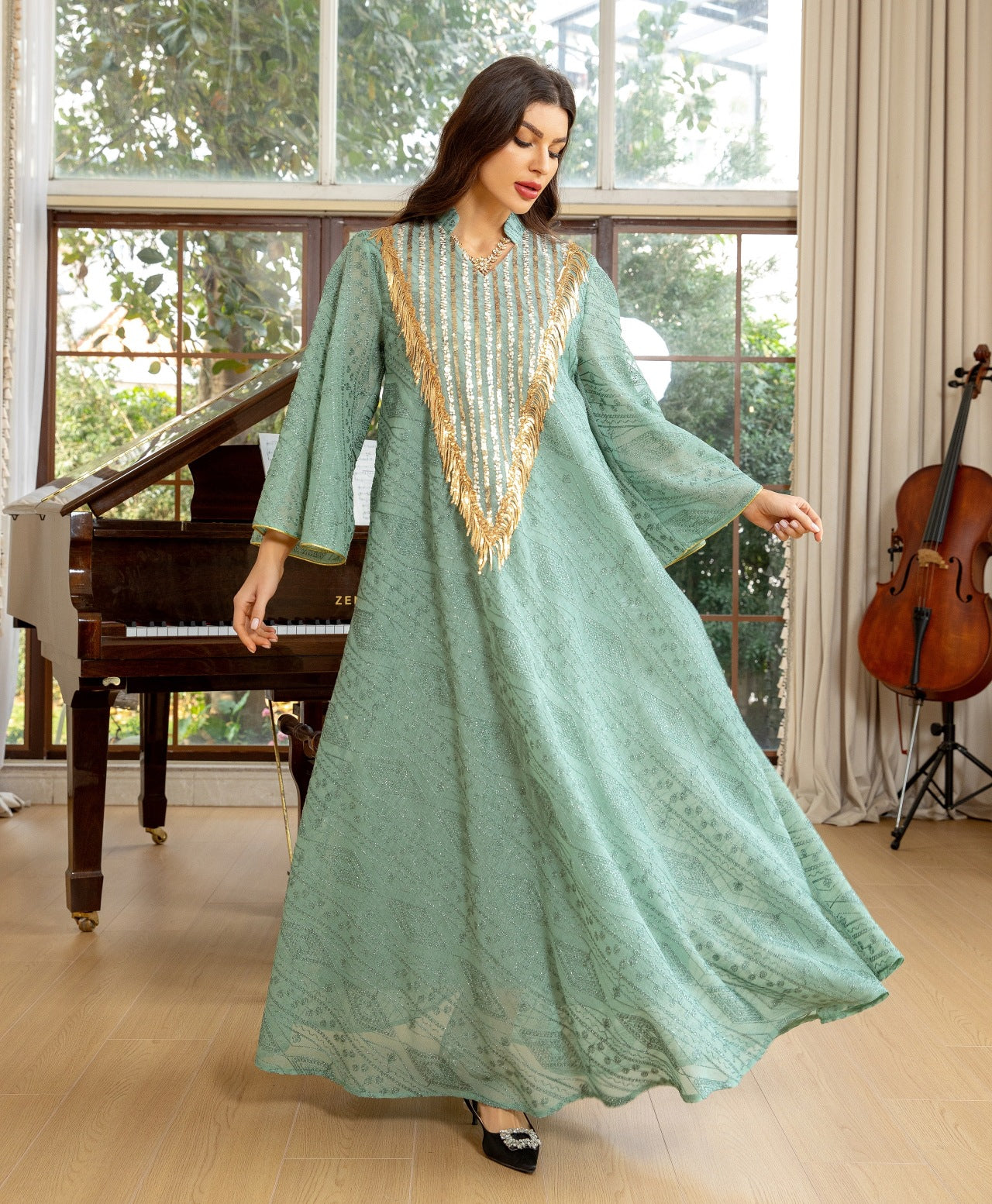 Women's Mesh Embroidered Sequin Jalabiya Dress