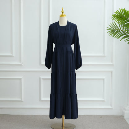 Modest Two Piece Maxi Dress with Open Abaya and Belt